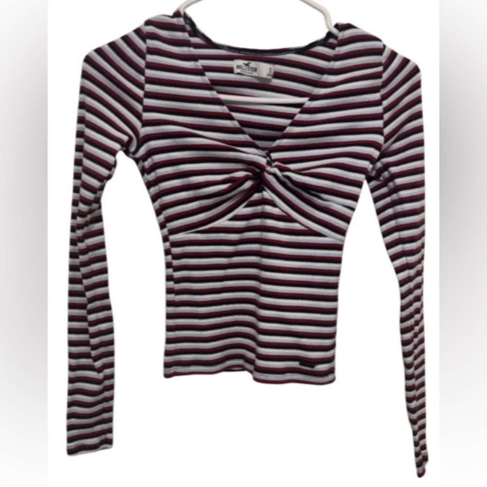 Hollister Striped Twist-Front Long Sleeve Top - Red/White/Light Blue/Navy